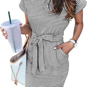 Striped Tie-Waist Casual Dress - Gray